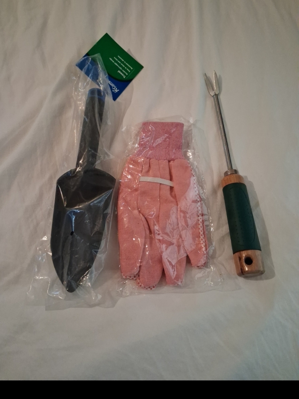 Garden Hand Tool Set with Pink Gloves and Green Handle Weeder